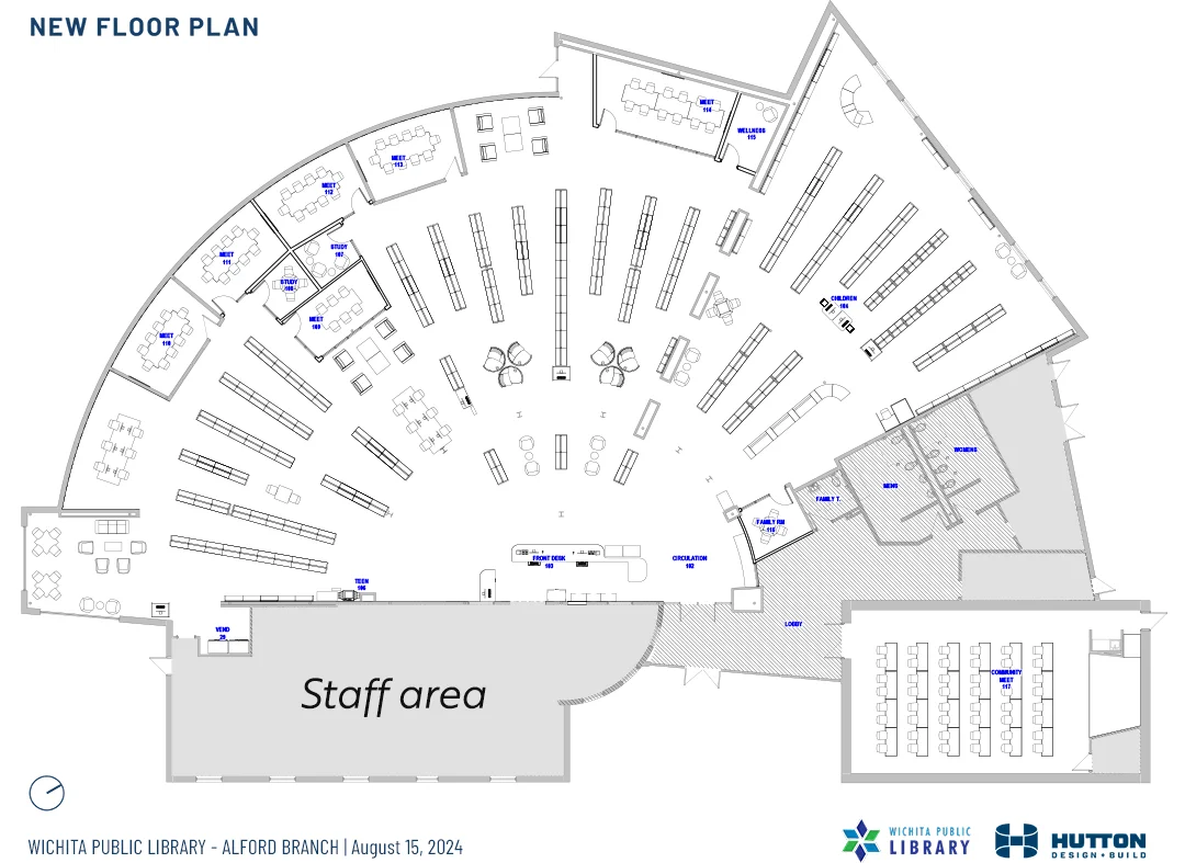 a proposed floor plan for the Alford Branch Library moves several spaces, including the teen and computing areas. It also adds a number of meeting spaces for small groups, with the largest new room appearing to have 16 chairs. It also shrinks the footprint of the service desk at the front of the building.