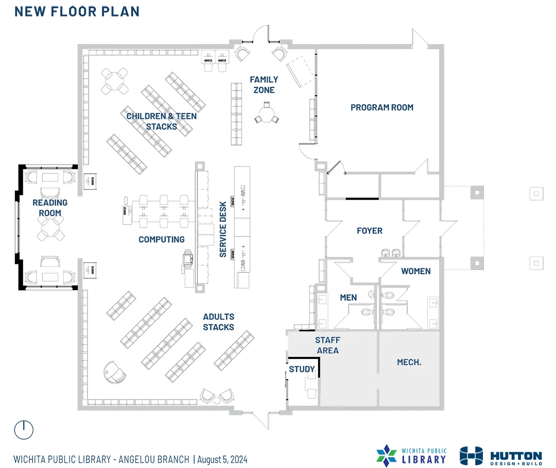 A proposed floor plan of the Angelou branch library shows a small addition on the west side of the building, a relocated service desk, a study room, and relocated material stacks and computers.