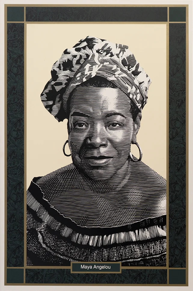 Scratchboard illustration of Maya Angelou, date unknown