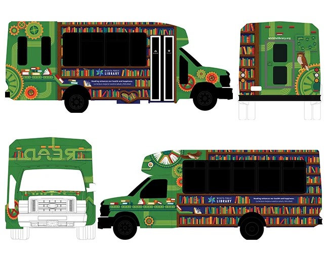 Book bus design viewed from multiple angles