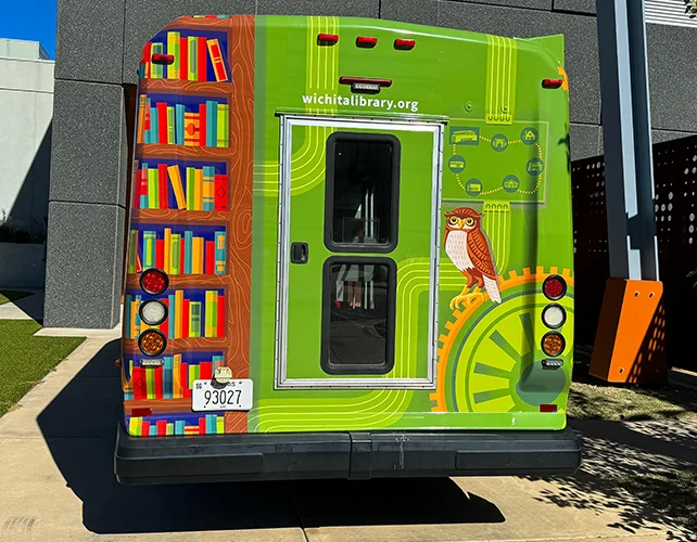 Book bus wrap viewed from the rear