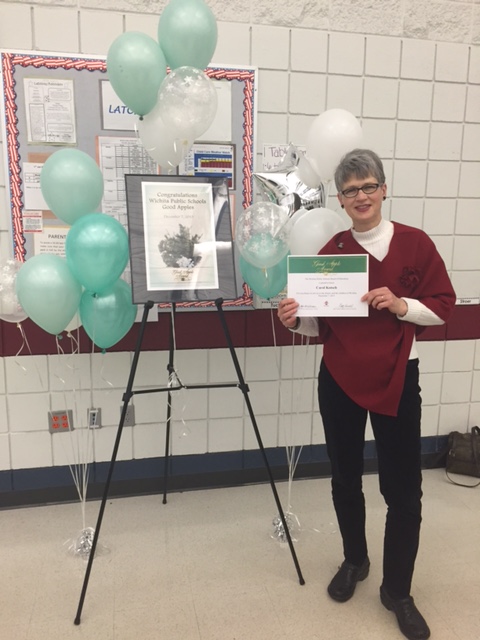 Ms. Carol with her Good Apple certificate
