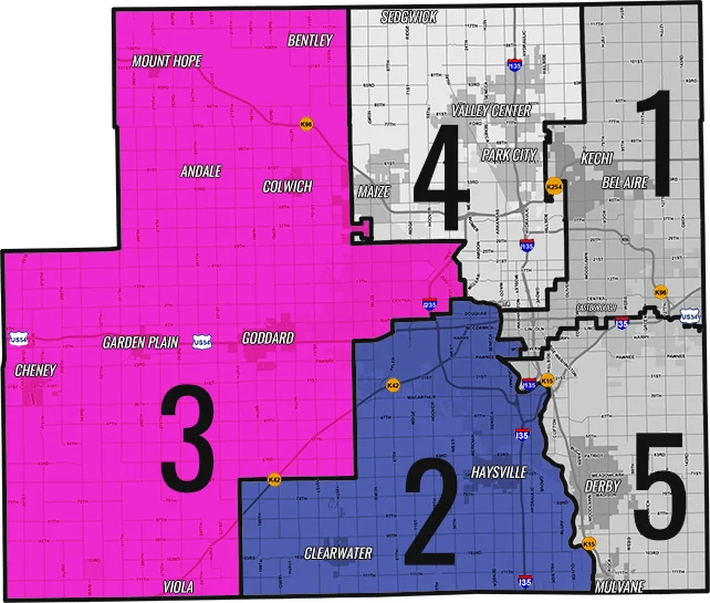 A map highlighting Sedgwick County districts 2 and 3