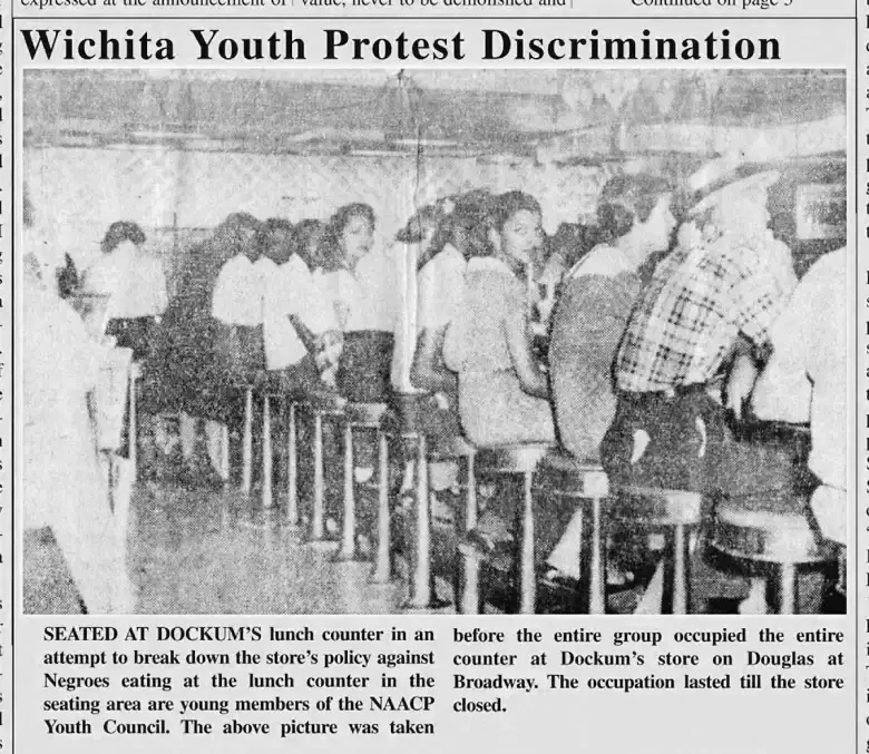 A newspaper clipping depicting the Dockum sit-in