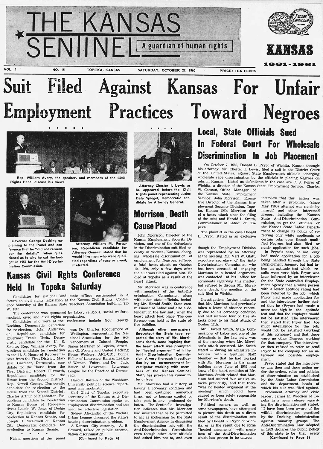 A newspaper clipping about a lawsuit filed against Kansas employment officials for discrimination